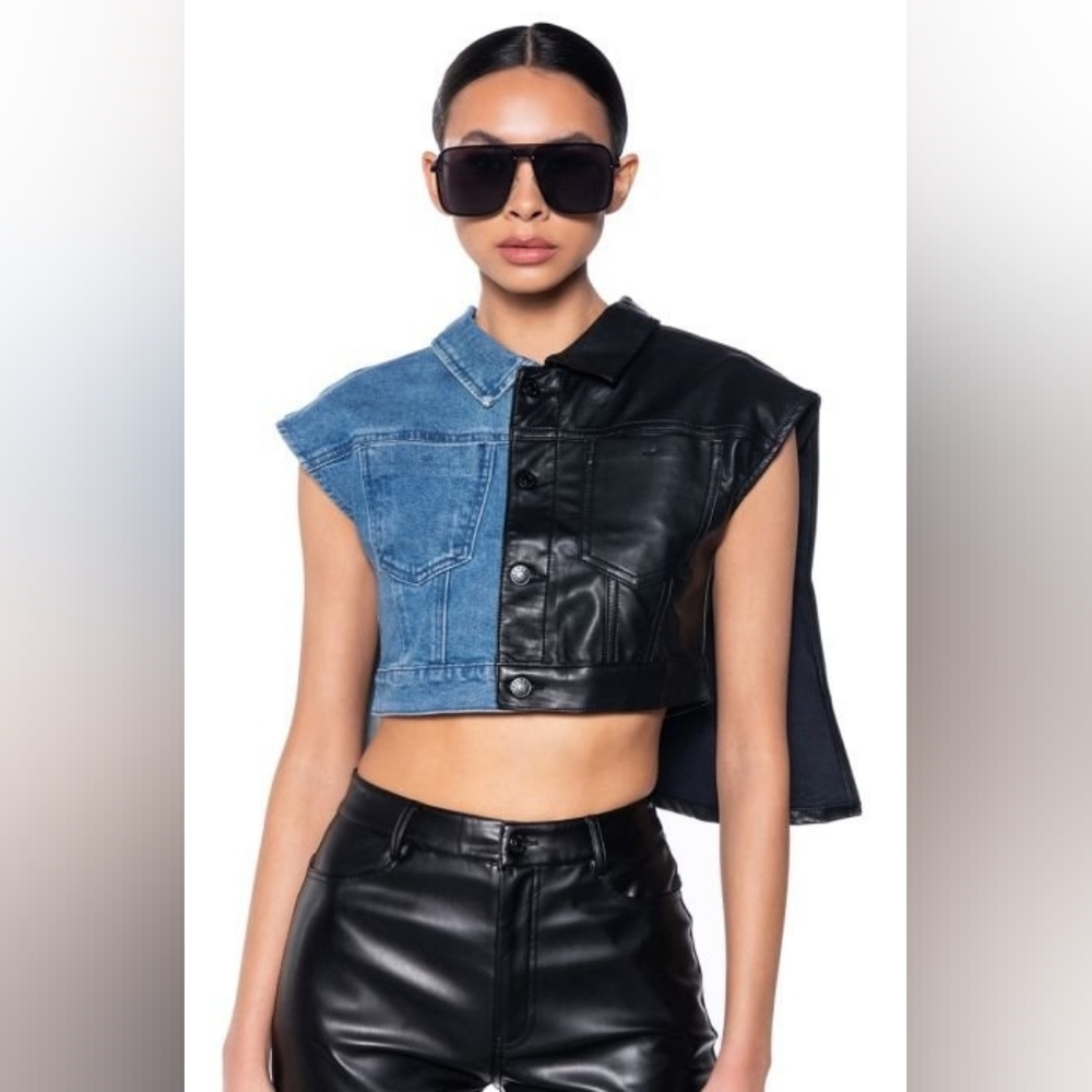 Akira Cropped Denim and PU Vest With Cape